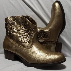 Frye Deborah studded gold ankle boots cowboy heel